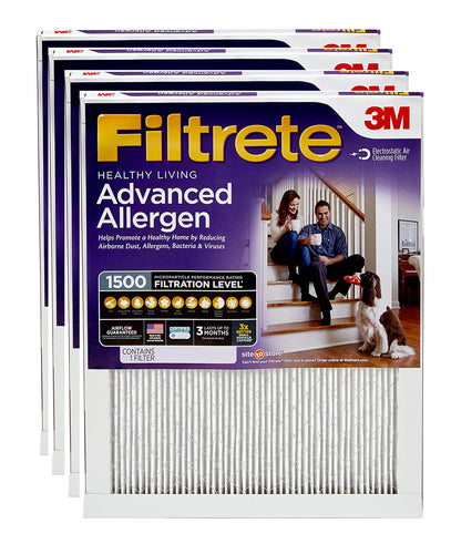 Filtrete 16x25x1, Healthy Living Advanced Allergen Reduction HVAC Furnace Air Filter, 1500 MPR, Pack of 4 Filters